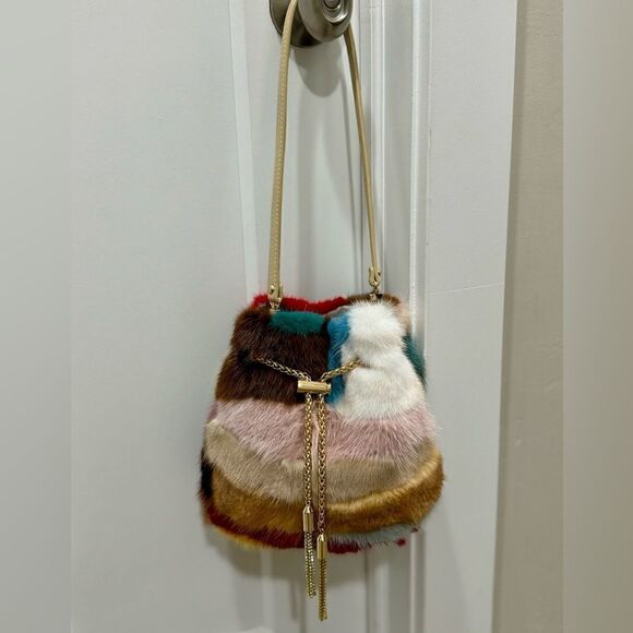 Handmade Color-block Genuine Mink Fur & Drawstring Bucket Bag Includes 2 Straps - Picture 5 of 16